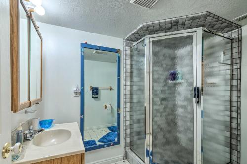 a bathroom with a shower and a sink at Outdoorsy Utah Paradise with Mountain Views! in Salina
