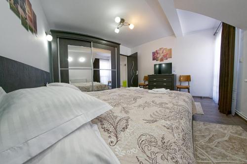 a bedroom with a large bed and a mirror at Casa de pe Deal in Sadova