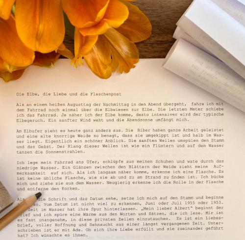 an open book with a pen and a flower at ALTE SCHULE WITTENBERG, 3 Ferienwohnungen für bis zu 12 Personen, an der Elbe, mit Garten in Lutherstadt Wittenberg