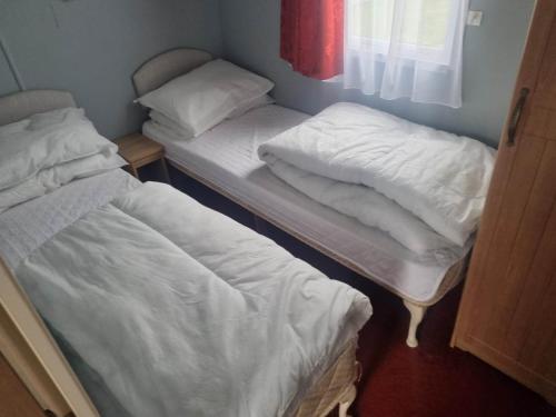 two twin beds in a room with a window at S295 3 BED DELUXE PET FRIENDLY CARAVAN in Chapel Saint Leonards