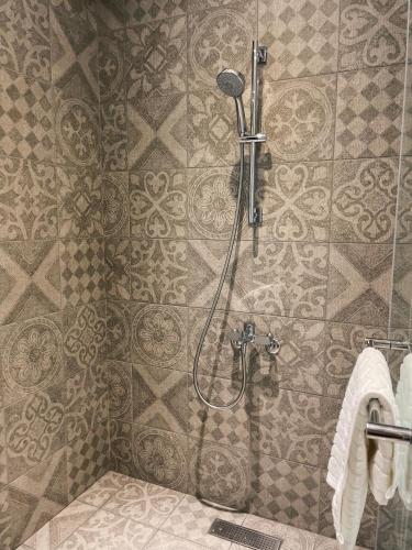 a shower in a bathroom with a tiled wall at 北濱渡日號民宿Dotoday Teahouse-自助入住 in Hualien City