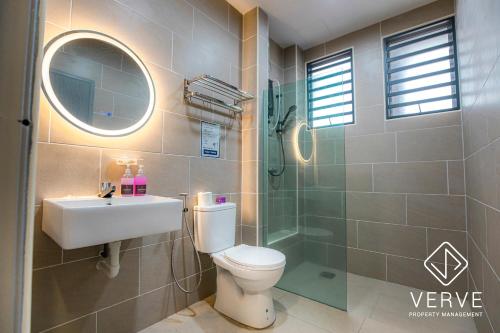 a bathroom with a toilet and a sink and a shower at Ipoh MJ Boutique House by Verve (20pax) EECH79 in Ipoh