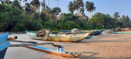 a group of boats sitting on the beach at Talalla Wonder View in Talalla South