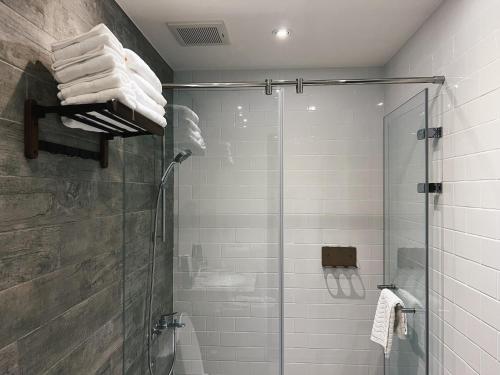 a bathroom with a shower and a glass shower stall at 北濱渡日號民宿Dotoday Teahouse-自助入住 in Hualien City