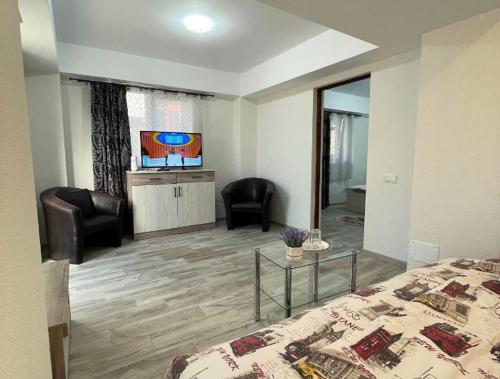 a bedroom with a bed and two chairs and a television at CASA DE VACANTA CLARA MARIA in Comarnic