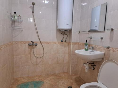ein Bad mit einer Dusche, einem WC und einem Waschbecken in der Unterkunft Arda Riverside Apartment in Kardschali