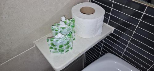 - un rouleau de papier toilette au-dessus des toilettes dans la salle de bains dans l'établissement Pension el Patio, à Lepe