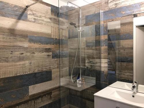 La salle de bains est pourvue d'une douche en verre et d'un lavabo. dans l'établissement Duplex Normandie, tout confort Saint Valery en Caux, à Saint-Valery-en-Caux