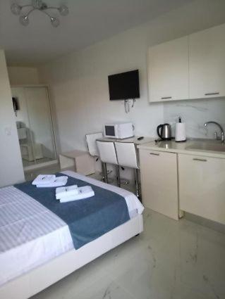 a small room with a bed and a kitchen at Villa Nikiti View in Nikiti