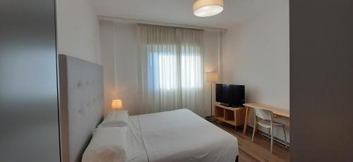 Schlafzimmer mit einem Bett, einem Schreibtisch und einem TV in der Unterkunft Delta Hotel Apartments in San Donato Milanese