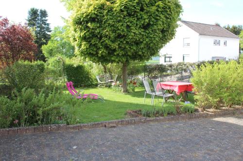 d'un jardin avec une table et des chaises dans la pelouse. dans l'établissement Ferienwohnung Nett, à Blankenheim