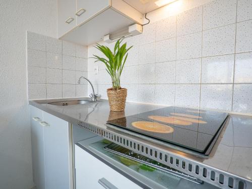 une cuisine avec un évier et une cuisinière four supérieur dans l'établissement Studio Voiles d'Or-Gênois-3 by Interhome, au Grau-du-Roi