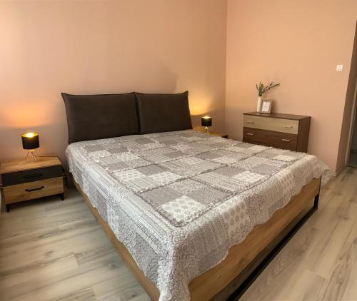 1 dormitorio con 1 cama grande y 2 mesitas de noche en Modern two bedroom flat with balcony, en Lenti