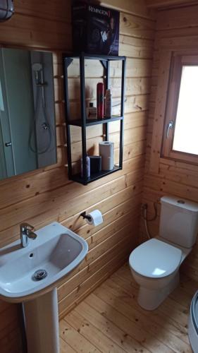 ein Badezimmer mit einem weißen Waschbecken und einem WC in der Unterkunft Happy Cottage 