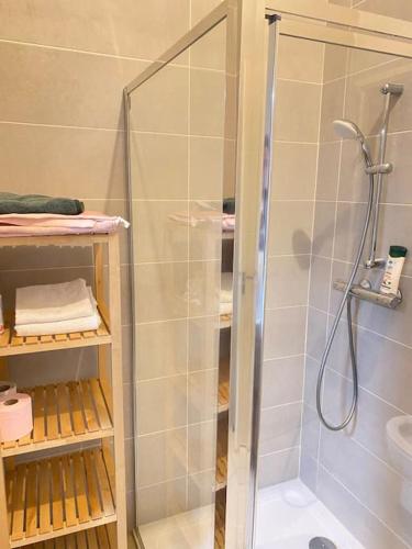 une douche avec une porte vitrée dans une salle de bain dans l'établissement High Value up to 4pp apt La Defense & Champs Elysees, à Puteaux