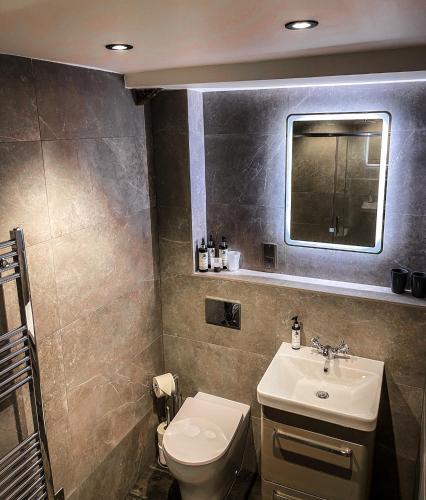 a bathroom with a sink and a toilet and a mirror at South Causey Inn in Stanley