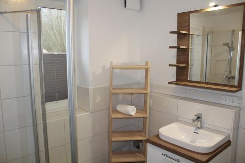 a bathroom with a sink and a mirror and a shower at LA2g Galerie - Ferienreihenhaus LA2 in Schottwarden