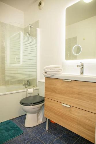 une salle de bain avec toilettes, lavabo et miroir dans l'établissement Grand 2 pièces balcon Parking porte PARIS, à Aubervilliers
