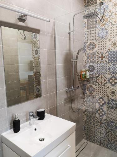 a bathroom with a sink and a shower at Apartamentai centre in Birštonas
