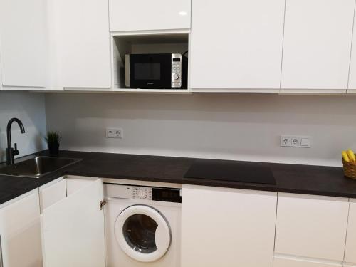 a kitchen with a washing machine and a microwave at Apartamentai centre in Birštonas