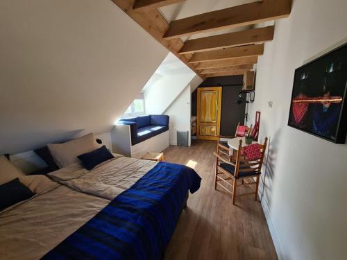 a bedroom with a bed and a desk in a room at De WiedenWeide in Wanneperveen