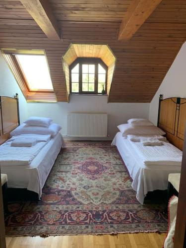 two beds in a room with two windows and a rug at Manor House on the Danube Bend in Tahitótfalu