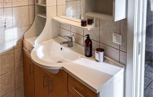 a bathroom with a sink and a bottle of soap at Awesome Home In Ronneby With Kitchen in Ronneby