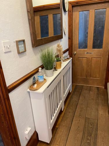 a hallway with a door and a counter with plants on it at Nythfa Guest House in Saundersfoot