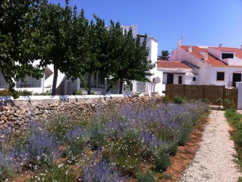 a garden with purple flowers in front of a house at Hostal La Palma in Fornells
