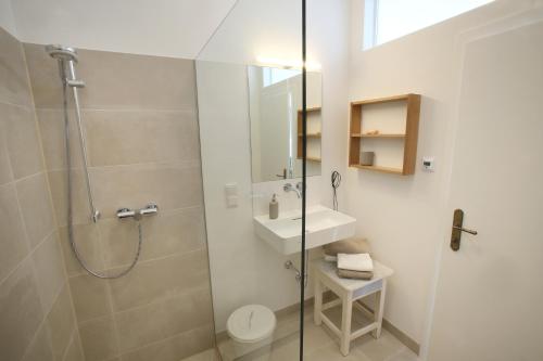 a bathroom with a shower and a sink at das ZINIELS in St. Andrä am Zicksee