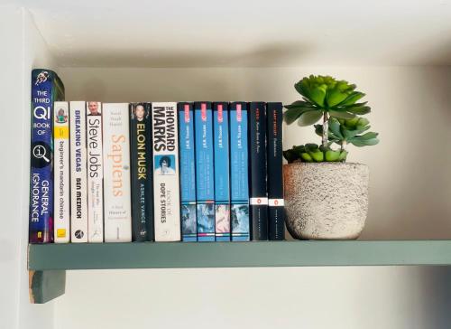 a book shelf with books and a potted plant at Beautiful, 1 Bedroom Renovated Cottage in Leicester