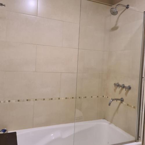 a shower with a glass door next to a tub at Bahía Grande Nordelta - con Cochera in Benavídez