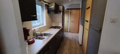 een kleine keuken met een wastafel en een raam bij Boshuisje in Wageningen