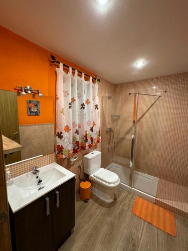 a bathroom with a sink and a toilet and a shower at Apartamentos adrian in Jerez de la Frontera