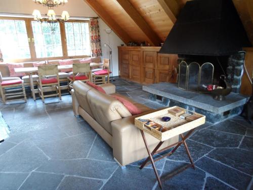 a living room with a couch and a fireplace at Chalet Atelier in Davos