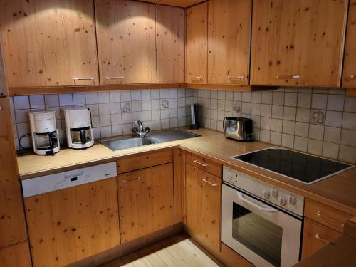 卡普爾的住宿－Apartment Ferienhaus LaFontana by Interhome，一个带木制橱柜和水槽的厨房