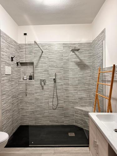 a bathroom with a shower and a toilet at casa nonna Rica in Calcio
