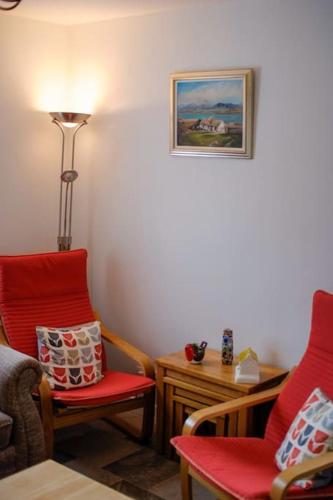 a living room with two chairs and a lamp at Mary Jane's Cottage, Lettermacaward in Doochary