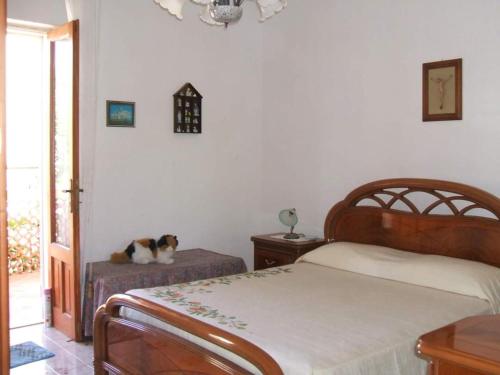 un gatto seduto su un letto in una camera da letto di Villa Panorama a Città di Lipari