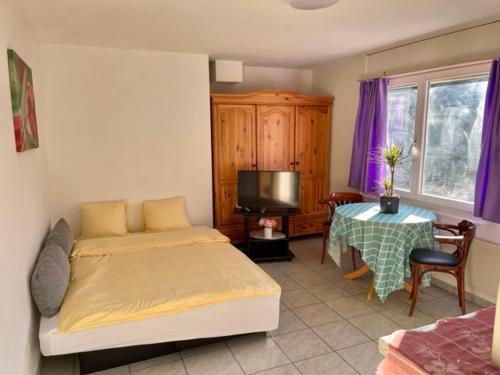 um quarto com uma cama, uma mesa e uma televisão em Aeschi 9 em Interlaken