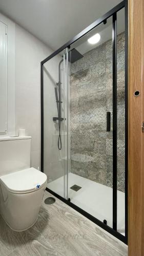 ビーゴにあるBARCELONA73 By Vigovacacionesのバスルーム(トイレ、ガラス張りのシャワー付)