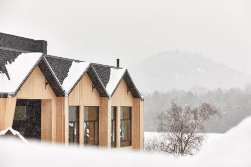 una casa cubierta de nieve en un campo en Bluebird Lake Placid, en Lake Placid