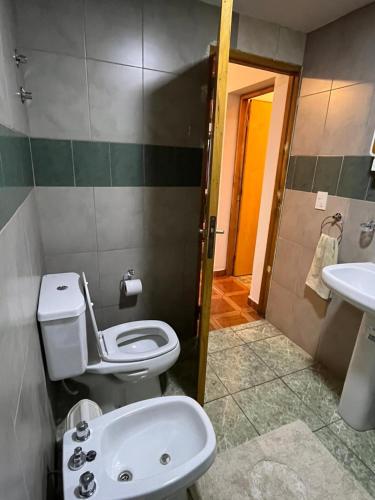 a bathroom with a toilet and a sink at Araucarias Apart in Esquel