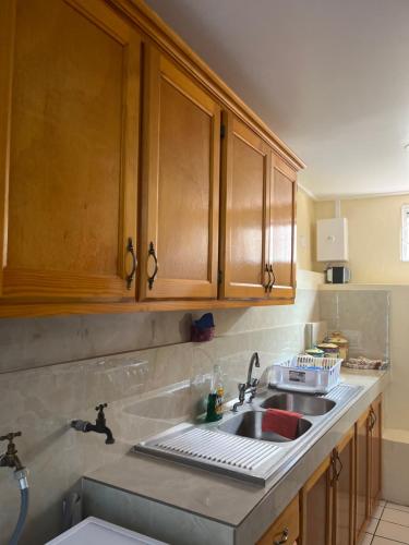 a kitchen with a sink and wooden cabinets at TETE Comforts in Roseau