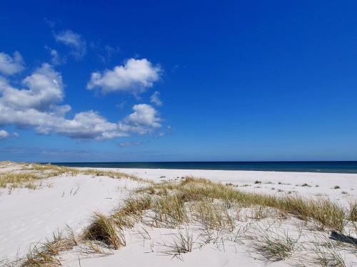 a beach with sand and grass and the ocean at Holiday Home Jerk - 300m from the sea in Bornholm in Vester Sømarken