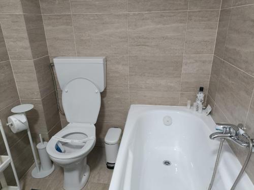 La salle de bains est pourvue d'une baignoire blanche et de toilettes. dans l'établissement Carmen's nest, à Bragadiru