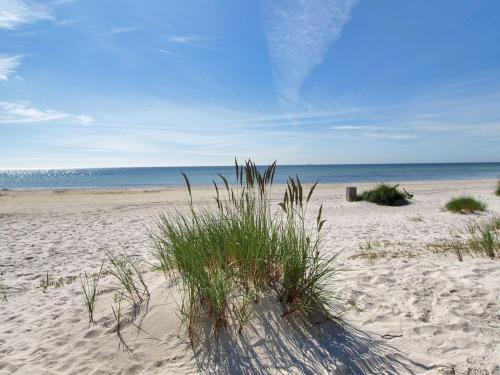 a sandy beach with some grass and the ocean at Holiday Home Henri - 800m from the sea in Bornholm by Interhome in Neksø