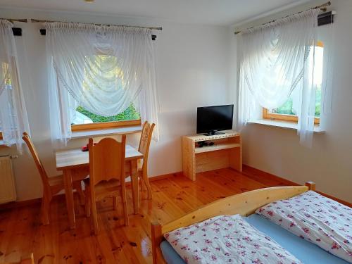 a bedroom with two beds and a table and a television at Agroturystyka Eko-Łysogóry, gorąca balia GRATIS!!! in Huta Szklana