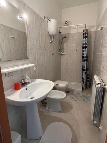 La salle de bains est pourvue d'un lavabo blanc et de toilettes. dans l'établissement Bed and Breakfast Elisa, à Sonnino