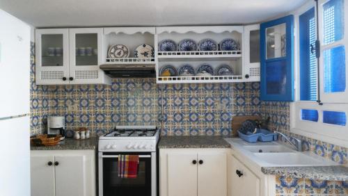 uma cozinha com azulejos azuis e brancos na parede em Dar El Goulli em Sousse